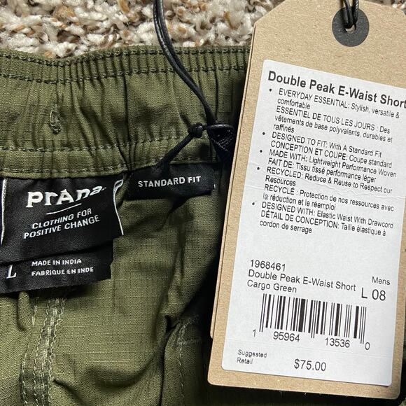 Prana Double Peak E-Waist 8" Short Men's L Cargo Green Standard Fit Drawstring - Picture 5 of 9